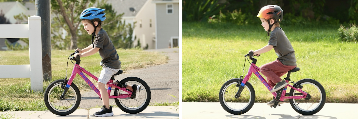 4 year old on a prevelo alpha one as a balance bike and a pedal bike
